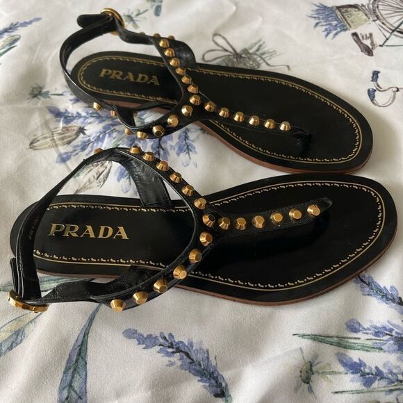 Prada black patent leather/gold stud sandals - Picture 5 of 11